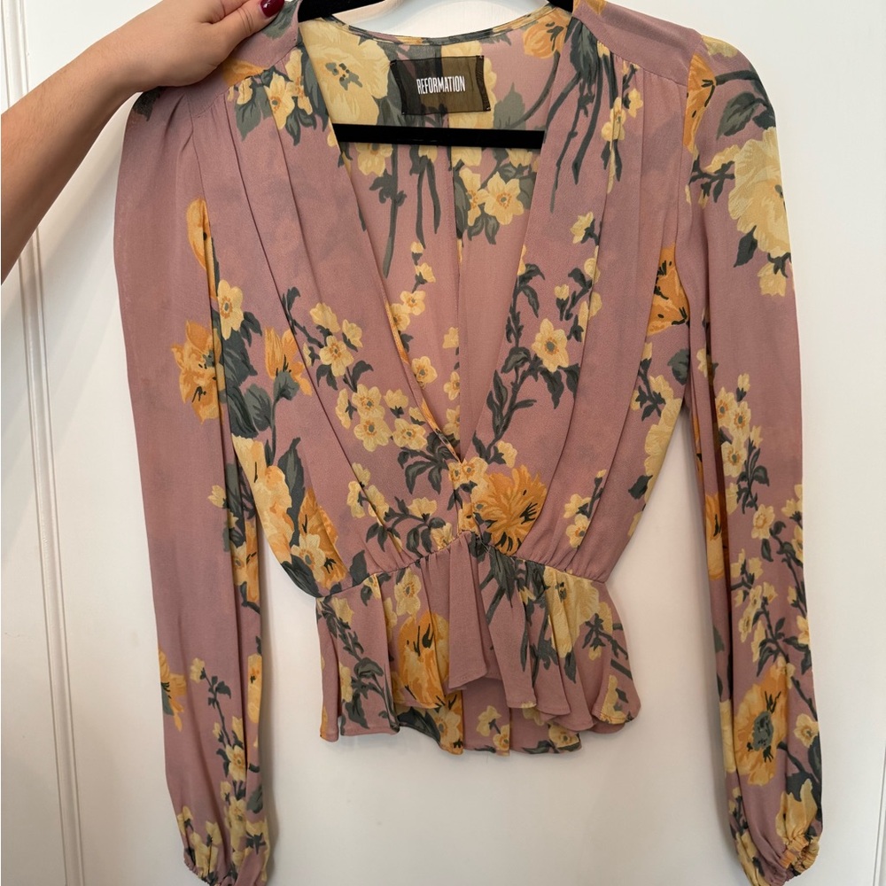 Reformation Floral Wrap Top - Pink and Yellow